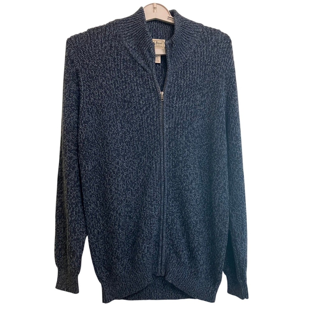LL Bean Cardigan Sweater Large L Blue Full Zip Cotton Shaker Knit Mock Neck Men